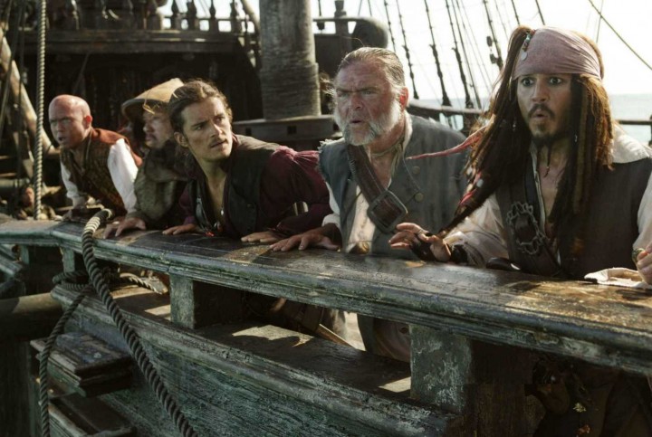 (L-R) MARTIN KLEBBA, ORLANDO BLOOM, KEVIN R. McNALLY, JOHNNY DEPP
