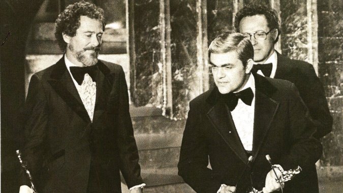 Bob Minkler (L), Don McDougall (Front) and Ray West (Obscured, at rear) receiving the Academy Award for Best Sound, at the Oscars in 1978.