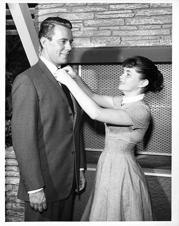 Bachelor Father star John Forsythe with Noreen Corcoran on set, circa 1961.
