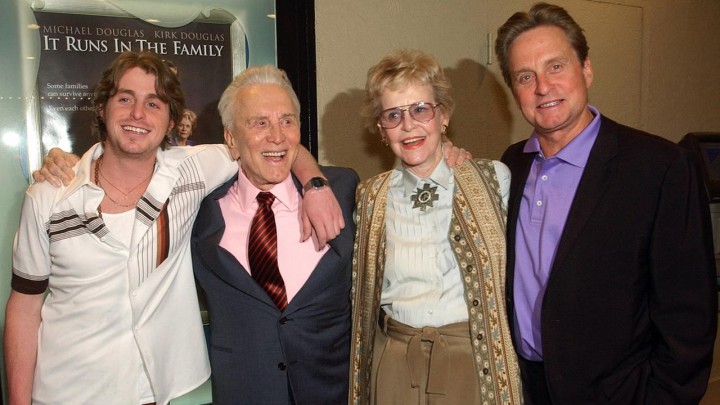 Diana Douglas with members of her famous family - Michael Douglas (R), Michale's son Cameron (L) and former husband Kirk Douglas (Center left), in 2003.