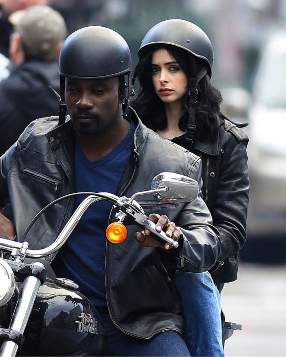 Mike Colter (L) and Krysten Ritter (R) on the set of Marvel's upcoming Netflix series, "Jessica Jones".